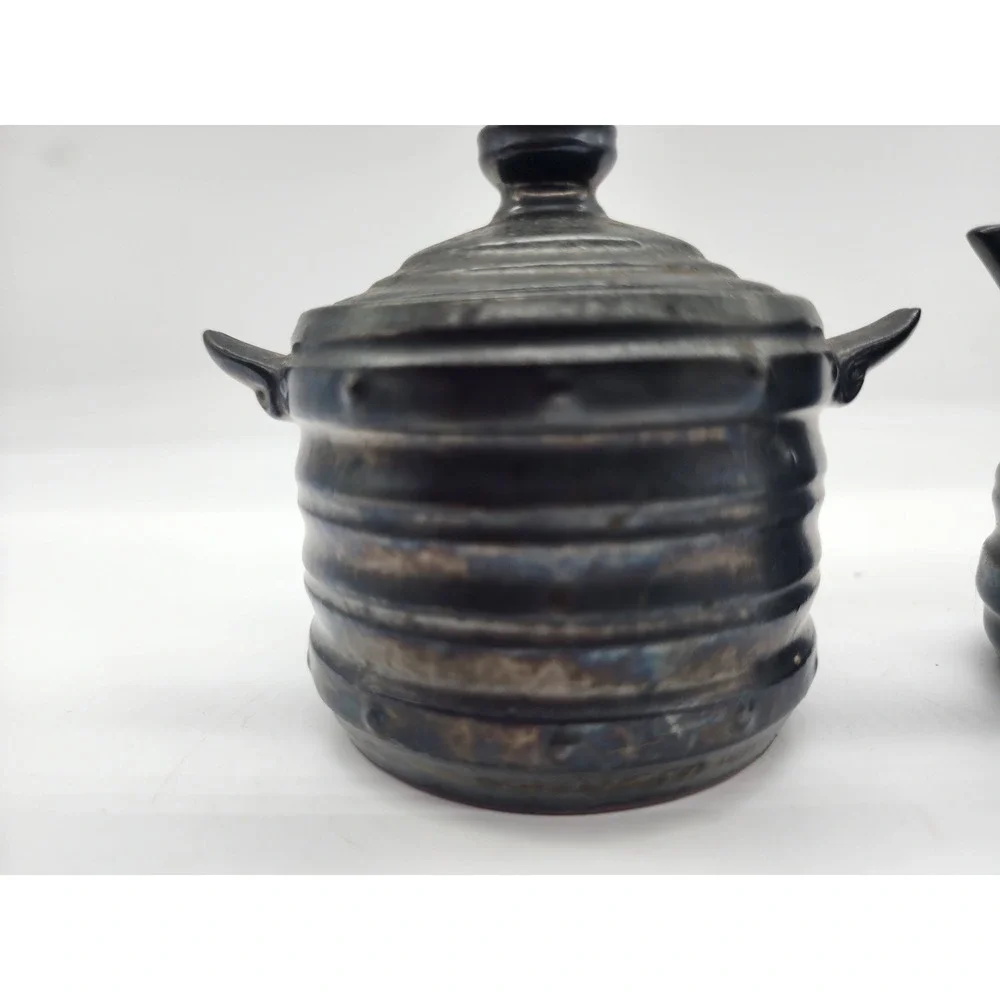 Vintage Japanese Red Ware Black Iridescent Ribbed Ceramic Sugar and Creamer Set